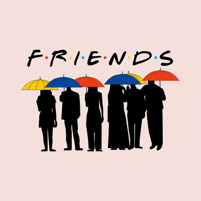 New Friends TV series fans designs on officially licensed merchandise. T-Shirts, Hoodies, sweatshirts, baseball tees, football tees, drinkware, blankets, and more. Custom printed design showing Friends logo with silhouettes of famous scene with all of the Friends characters underneath colored umbrellas.