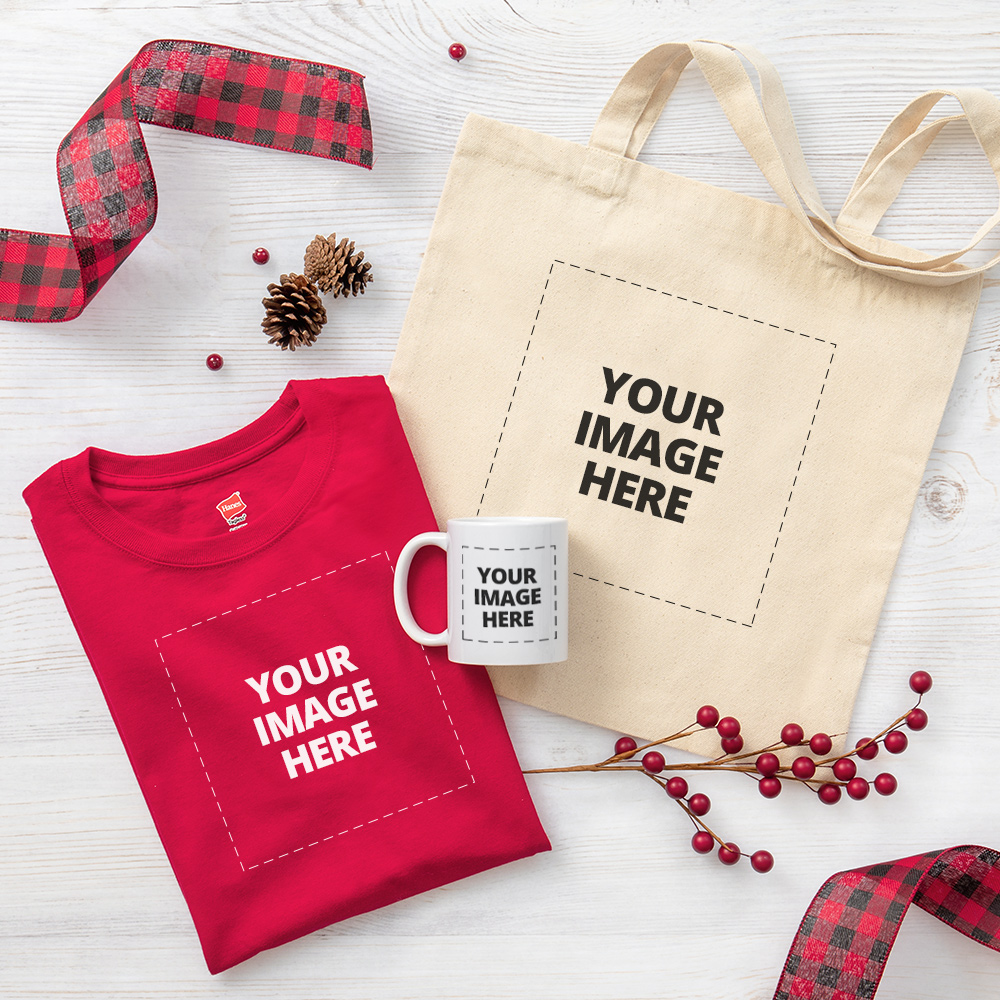 Custom printed holiday products featuring t-shirt, mug, and tote bag.