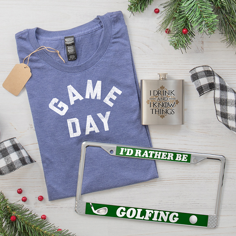 Men's gift ideas featuring t-shirt with Game Day design, flask with I Drink and I Know Things design from Game of Thrones, and license plate frame with I'd Rather Be Golfing design.