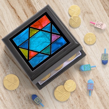 Custom printed Christmas and Star of David Hanukkah holiday keepsake and jewelry boxes.