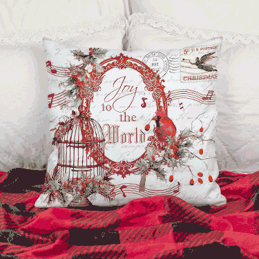 Custom printed Christmas holiday decorative pillows lying on bed.