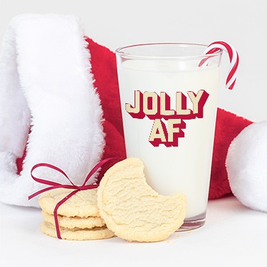 Milk and cookies for Santa with custom printed Christmas holiday drinking glass and design that reads Jolly AF.