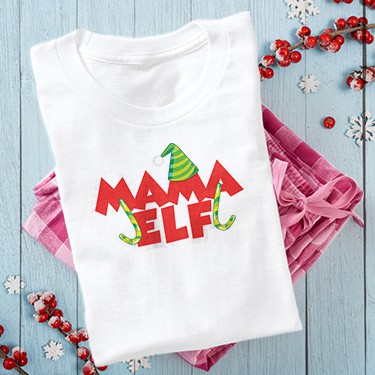 Custom printed Christmas holiday pajamas with design that reads: Mama Elf.