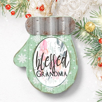 Custom printed Christmas holiday decoration rustic mitten ornament.