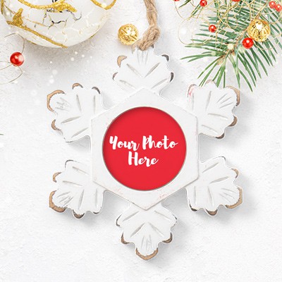 Custom printed Christmas holiday decoration rustic snowflake ornament.