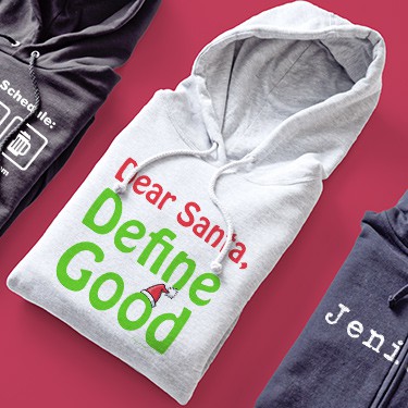 Three various colored custom printed Christmas holiday hoodies and sweatshirts - one with funny design that reads: Santa, define good.