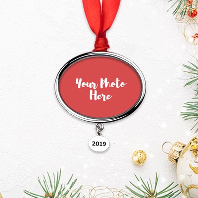 Custom printed Christmas holiday decoration silver year ornament.