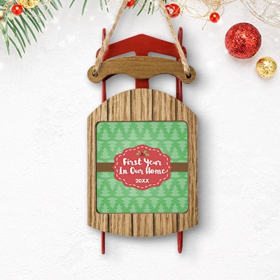 Custom printed Christmas holiday decoration sled ornament.