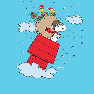 Custom printed Peanuts Christmas cartoon TV and movie merchandise design - Snoopy and Woodstock delivering presents.